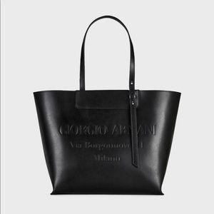 Giorgio Armani Leather Tote w Embossed Logo Black
